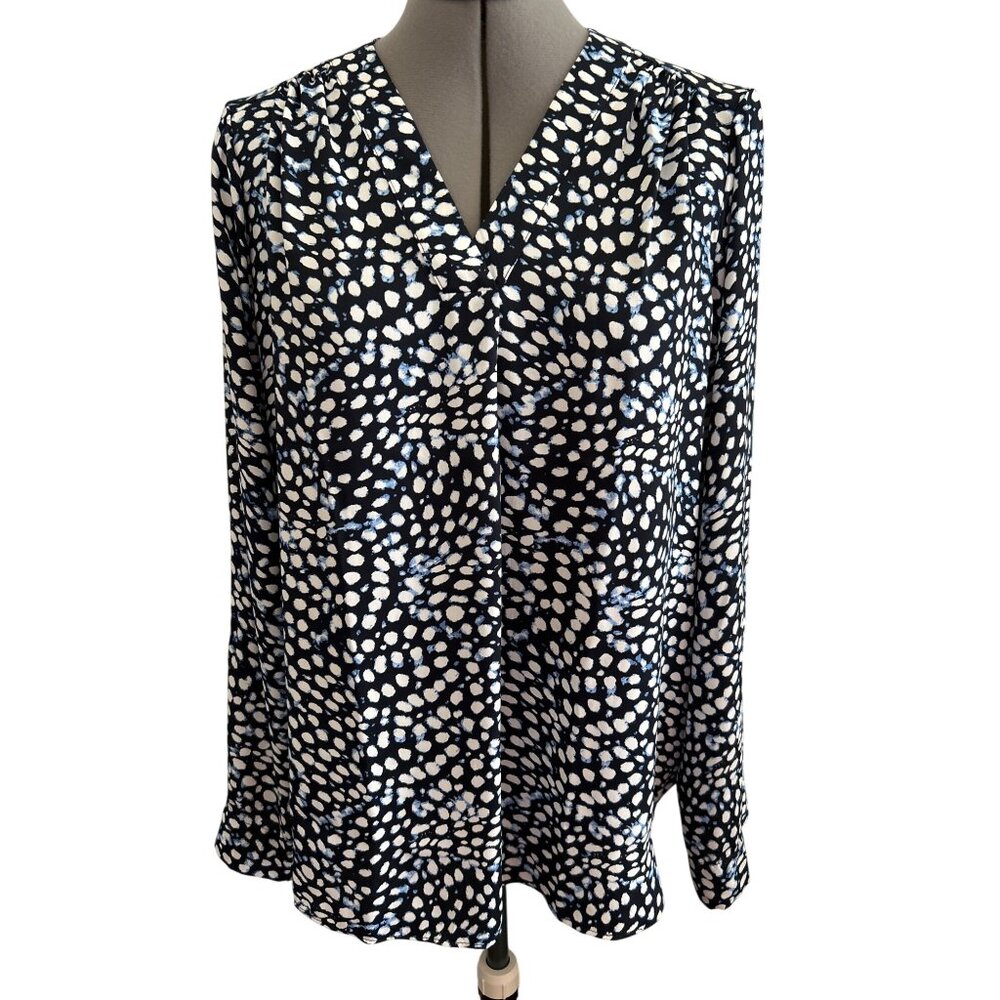 Jones New York Signature Womens Long-Sleeve V-Neck Navy & White Top Size L